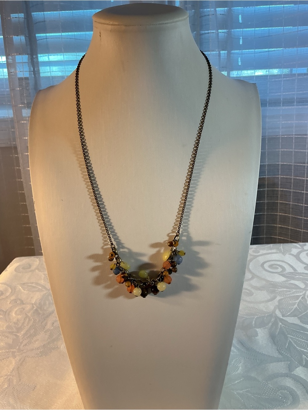FOSSIL Green Jasper & Amber Multicolored Cluster Bib Antique Brass Tone Necklace